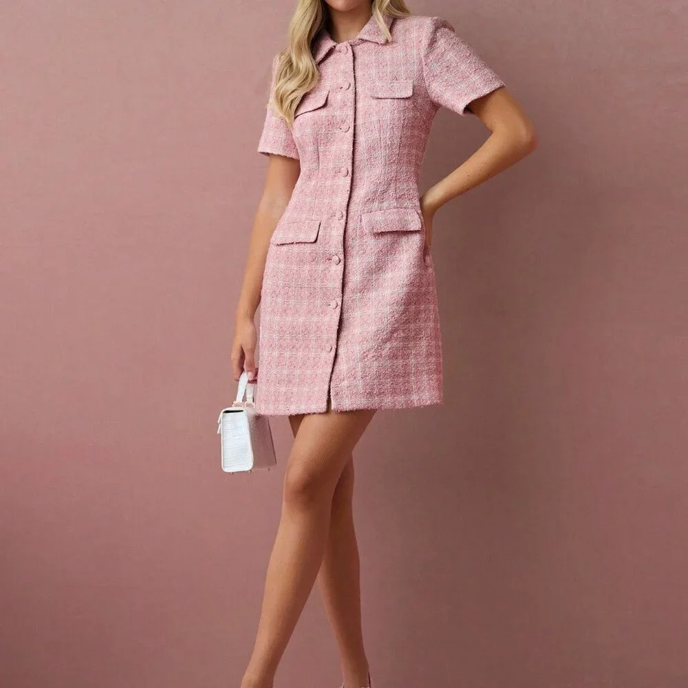 Pink Elegant Romantic Women's Tweed Short Sleeve Mini Dress - Picture 4 of 7